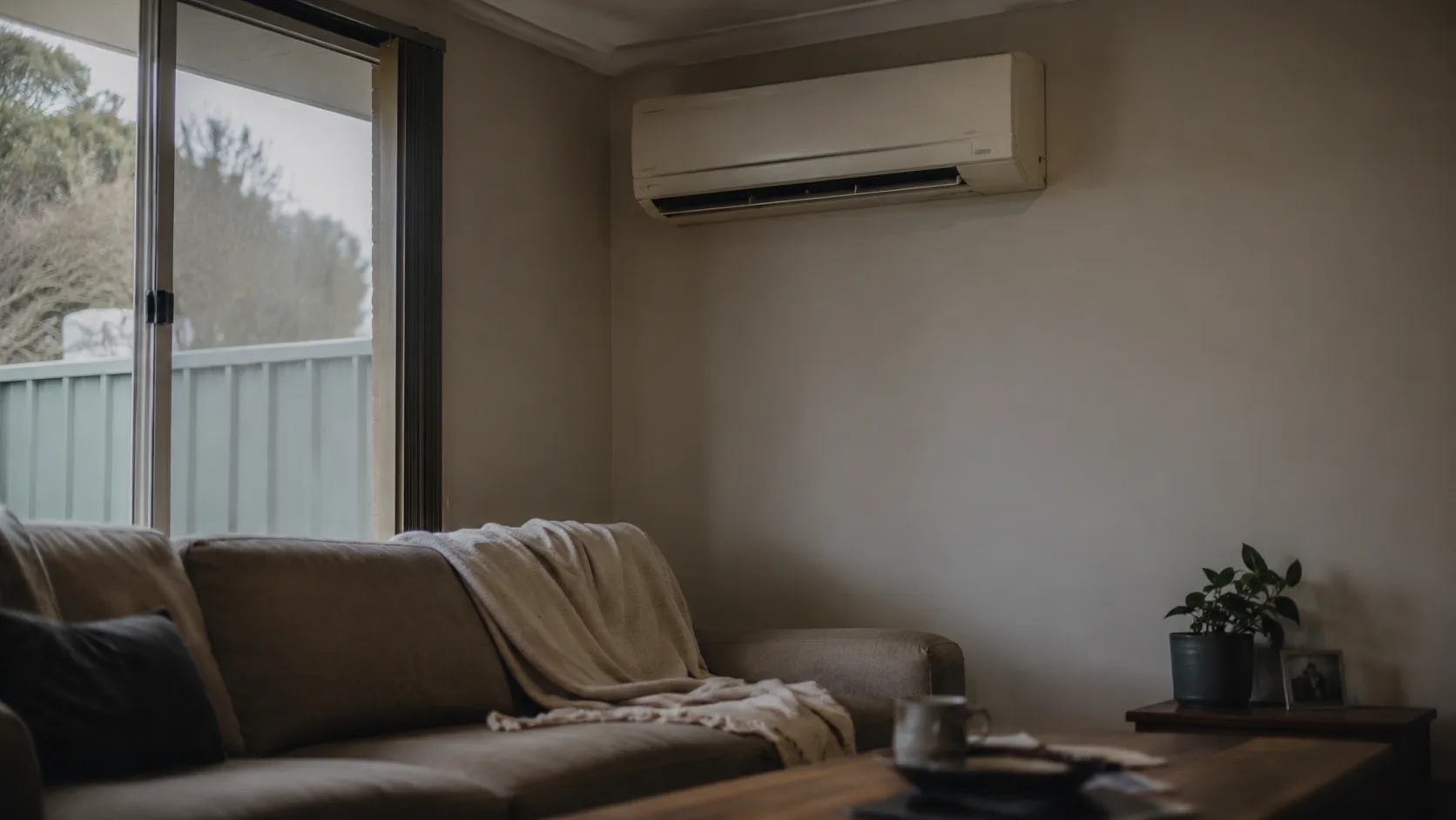 White wall-mounted split system installed in a Coffs Harbour lounge room, viewed from inside with natural light through a nearby window