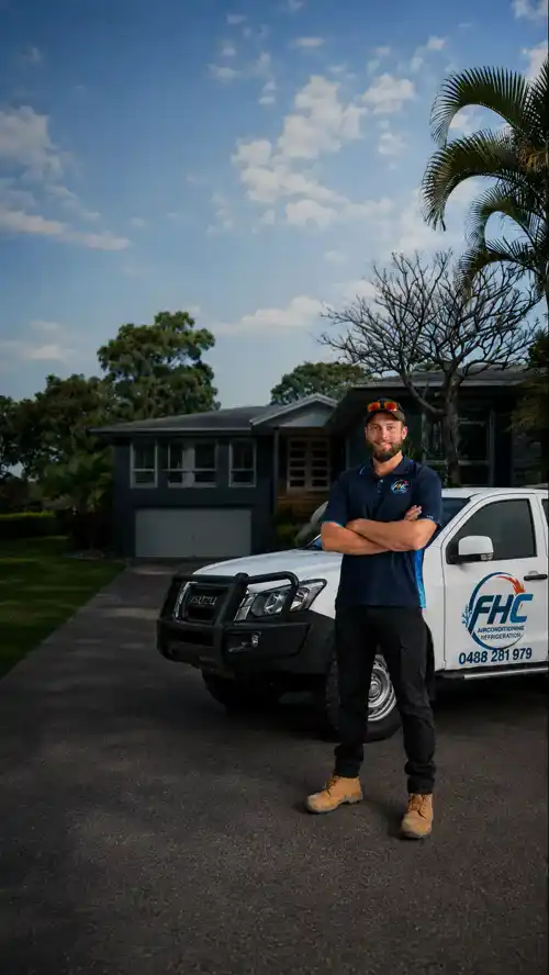 Clayton Finch, owner of FHC Refrigeration, standing beside the FHC service ute at a modern Coffs Harbour home with tropical palms
